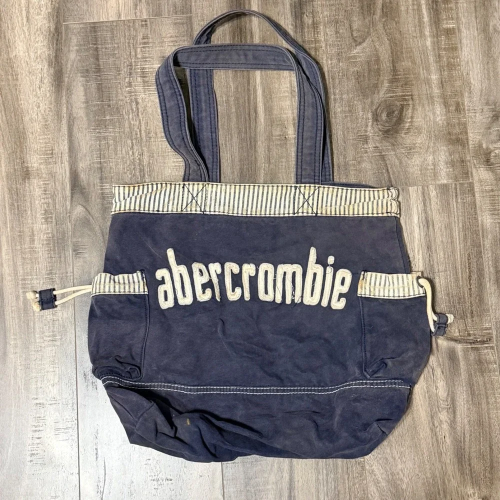 Abercrombie & Fitch Navy Blue Canvas Tote Bag Spellout Logo Striped Trim Vintage